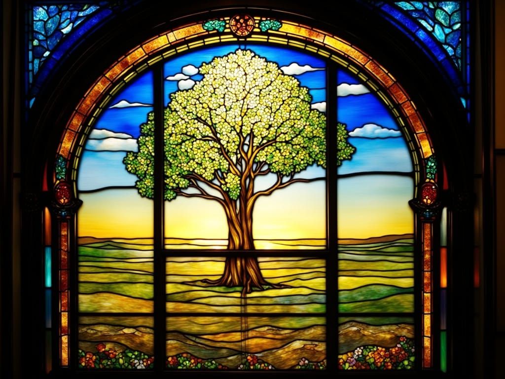 Landscape, Louis Comfort Tiffany Favrile Stained Glass