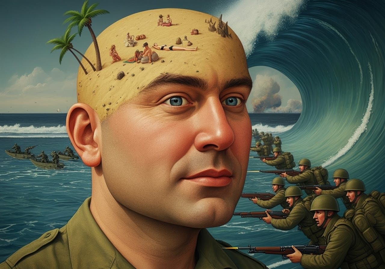 Surreal Beach Head Scene in Comical Style