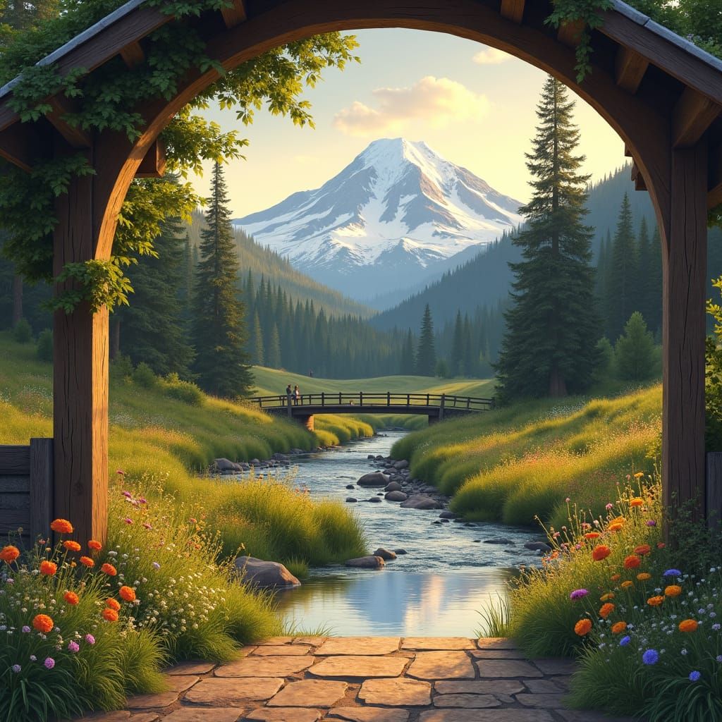 Picturesque Mount Rainier Landscape with Covered Bridge