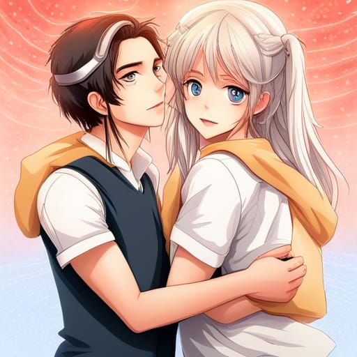 Anime Couple with Cat: Gentle Internet Art