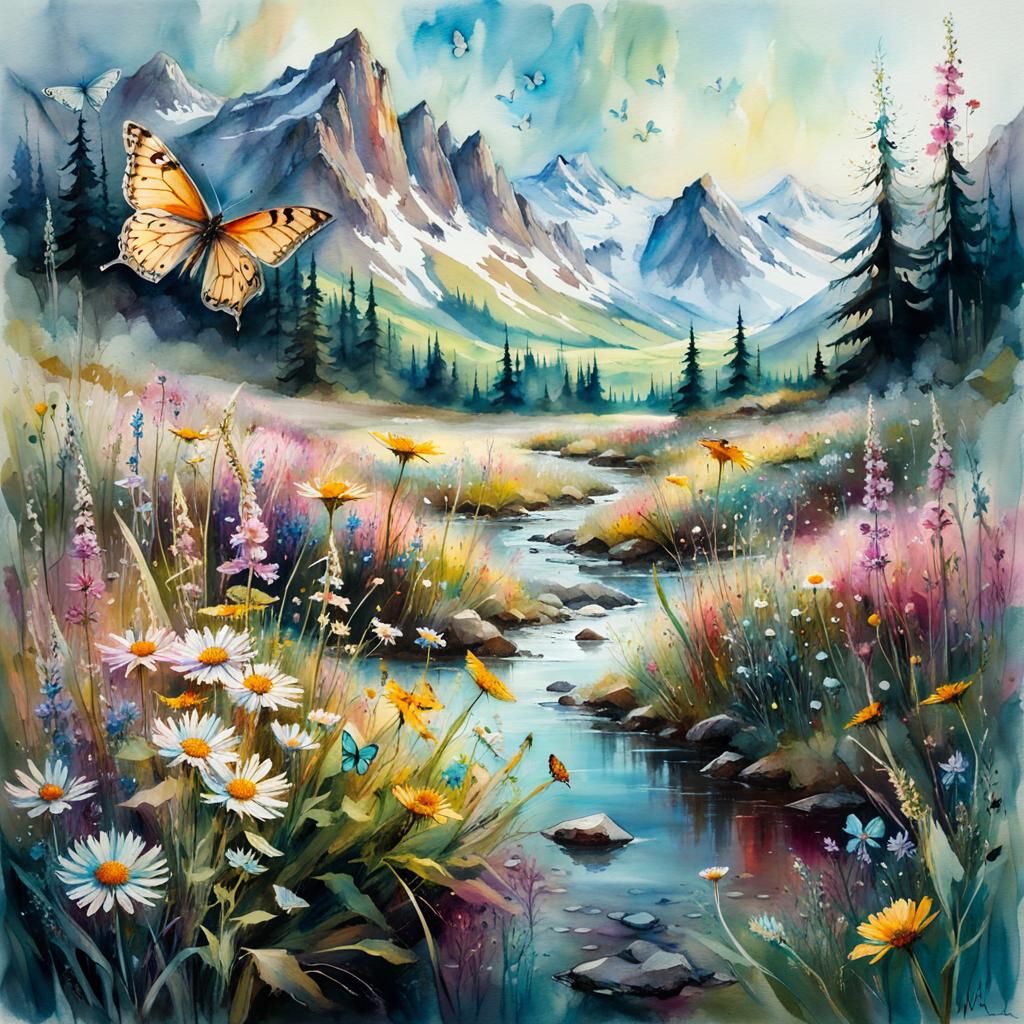 Ghosts Dancing in a Flower Meadow, Watercolor Art