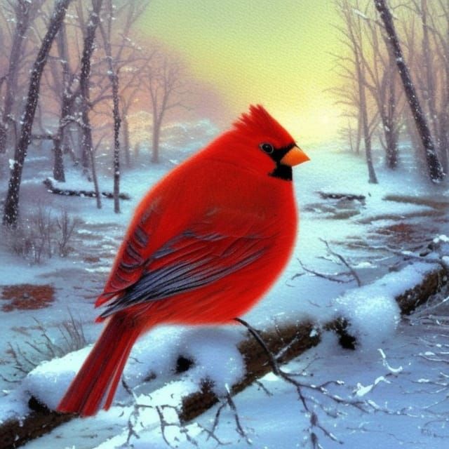 Red Bird in Winter Snow: Pastel Watercolor Art