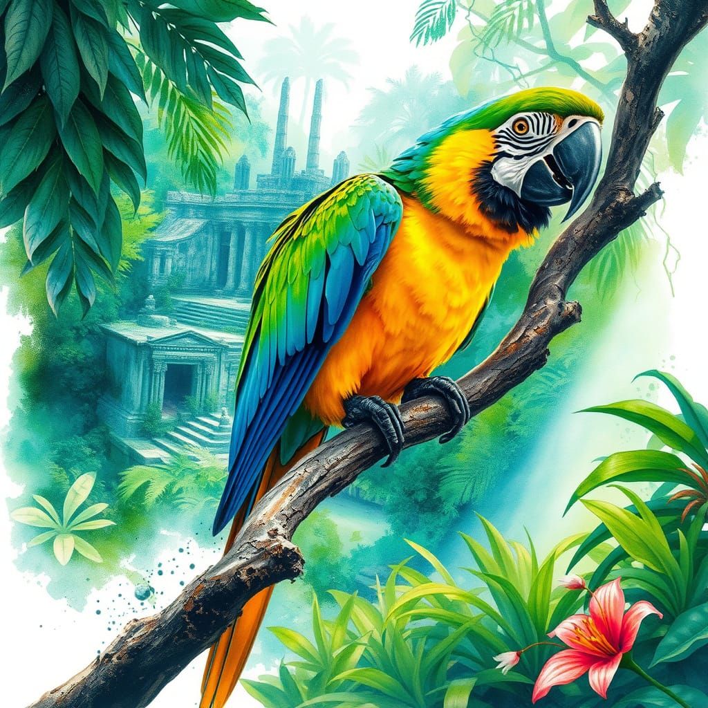 Macaw in Emerald Light: Watercolour Jungle Ruins