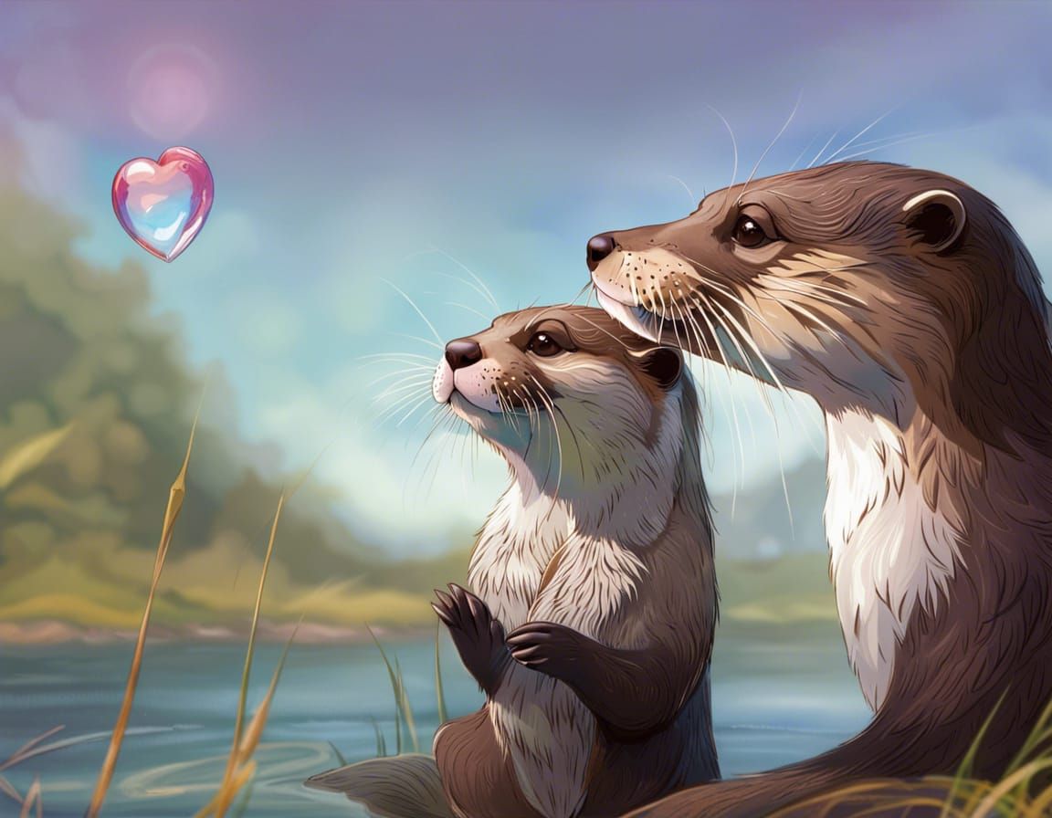 Romantic Otter Couple Portrait on Idyllic Lake