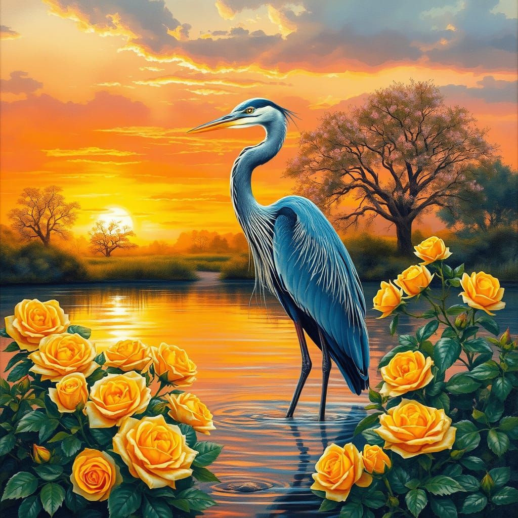 Surreal Blue Heron Amidst Vibrant Sunset