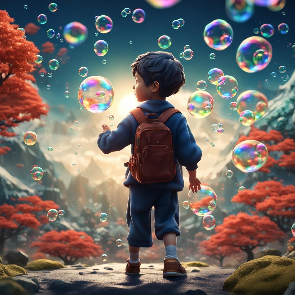 Soap Bubbles Form Origami Boy Figure