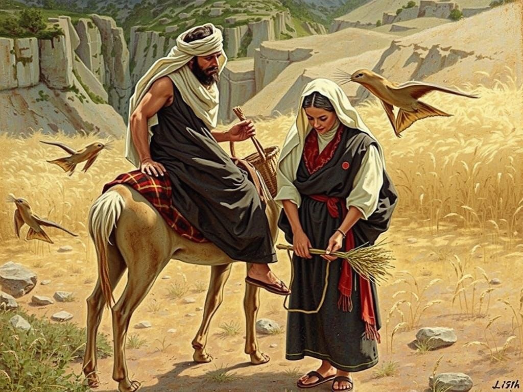 Ancient Near Eastern Woman Harvests Oats in Sunlit Landscape