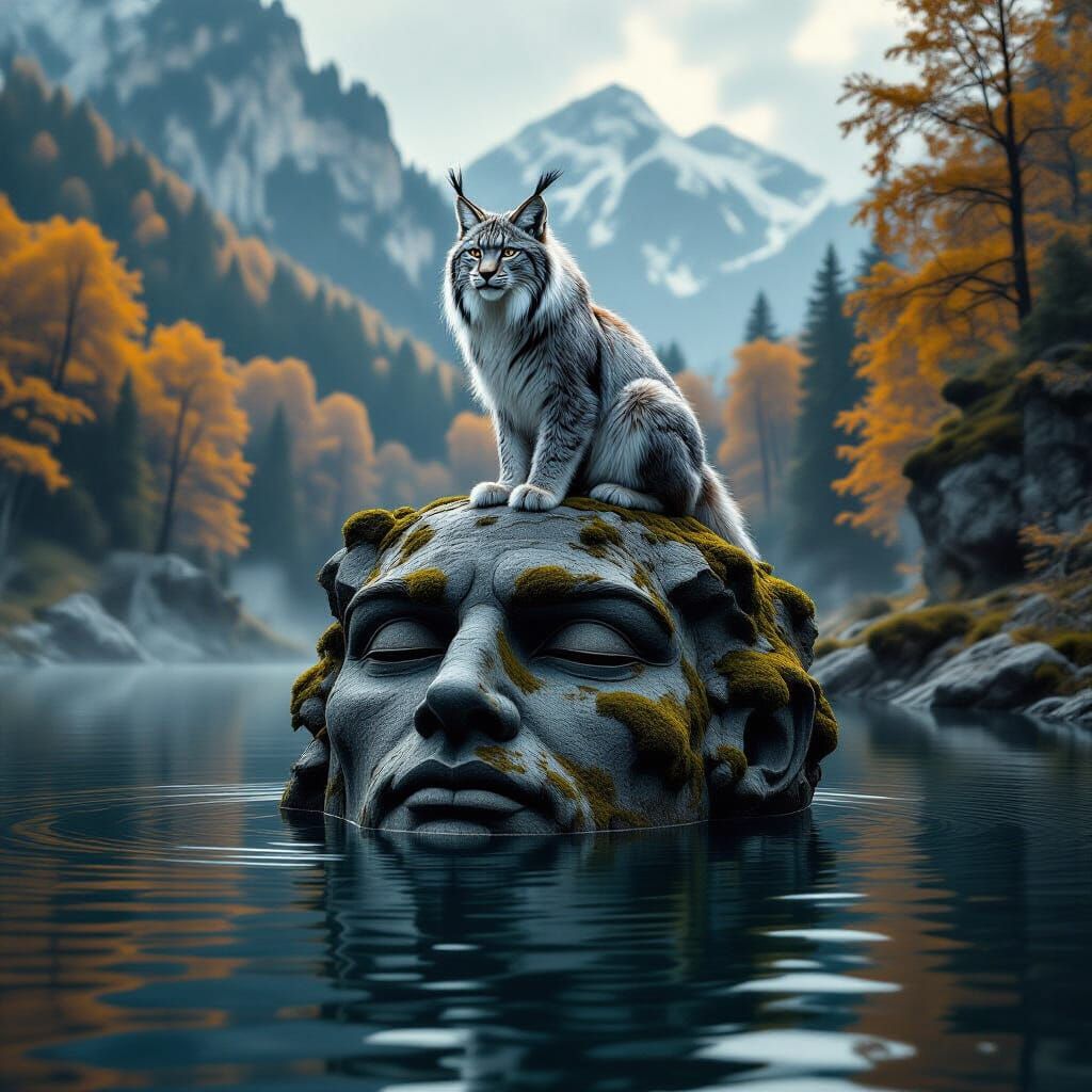Moonlit Lynx on Ancient Stone Head in Autumn Mist
