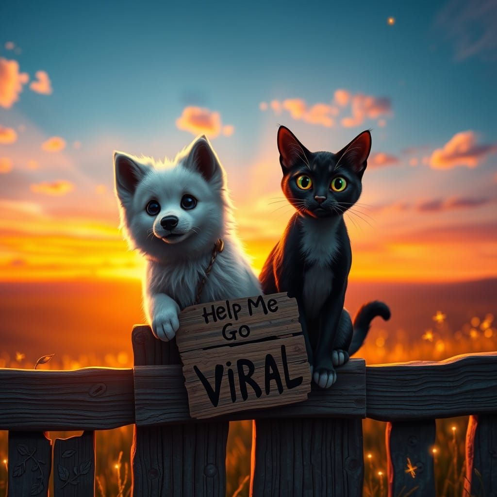 Whimsical Sunset Duo on Weathered Fence