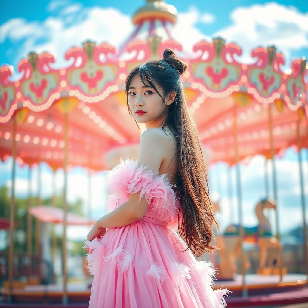 Pink Carousel Dream: Japanese Girl in Ornate Setting