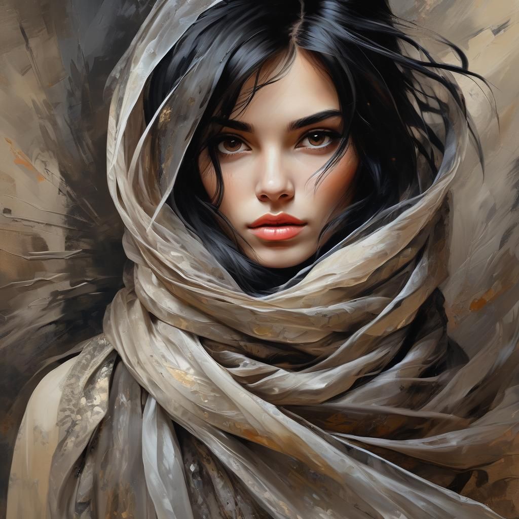 Woman with Flowing Scarf: Impasto Oil Painting
