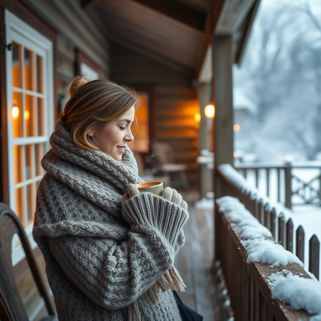 Cozy Winter Farmhouse Porch Scene in Nostalgic Realism