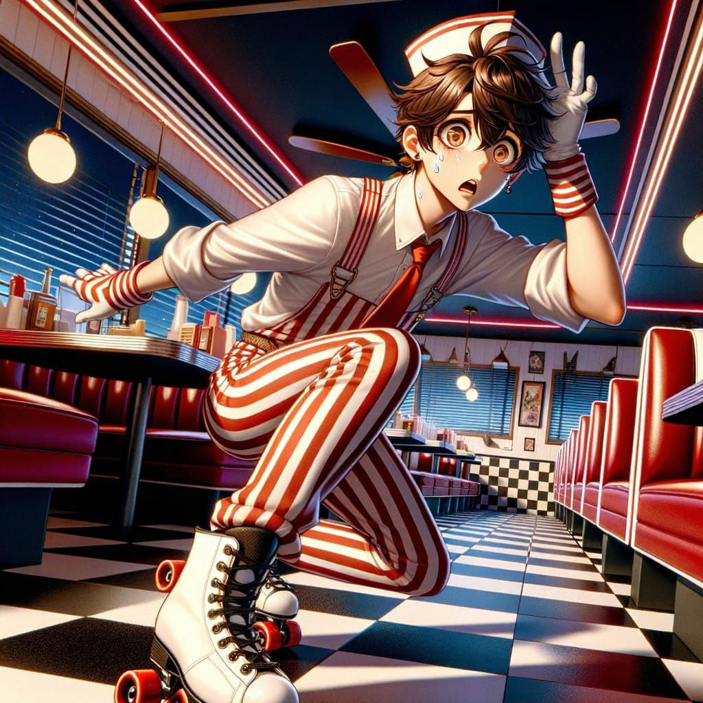 Anime-Style Bishounen Waiter in Retro Diner