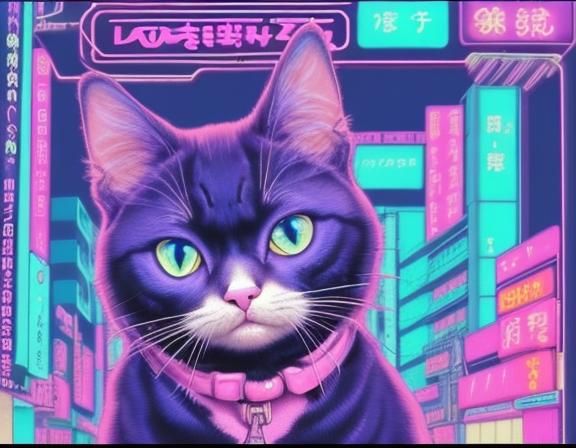 Synthwave Vaporwave Cat with Japanese Subtitles