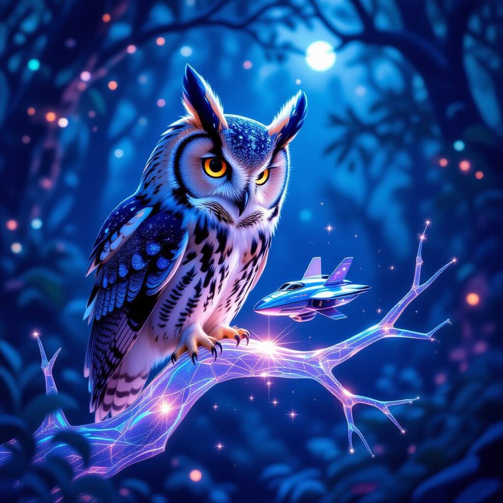 Surreal Owl Crafts Spaceship in Bioluminescent Forest