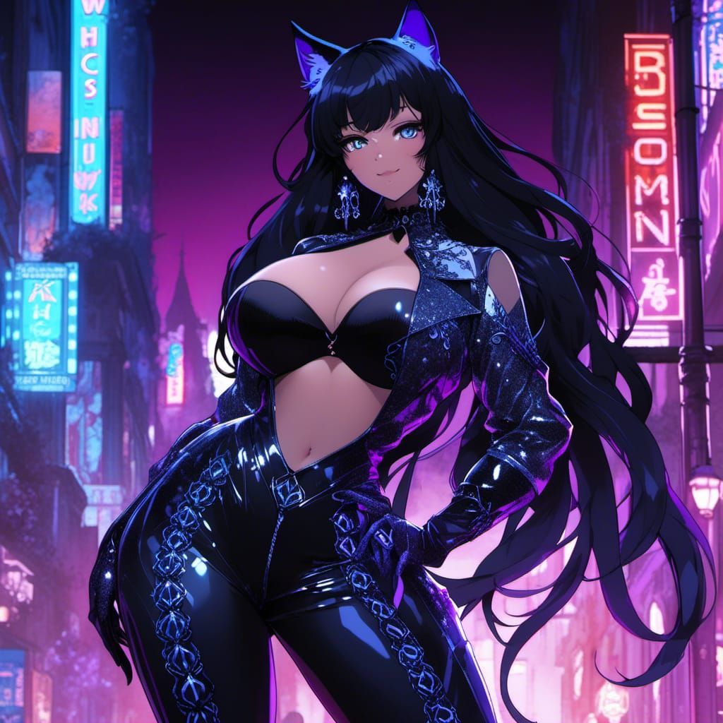 Anime Woman in Neon Glitchcore Cityscape