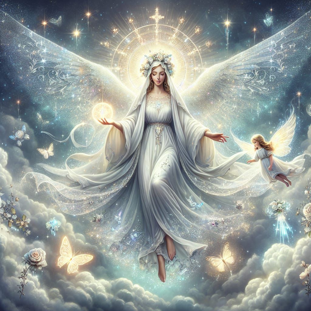 Fantasy Holy Mary with Orb in Heavenly Sky