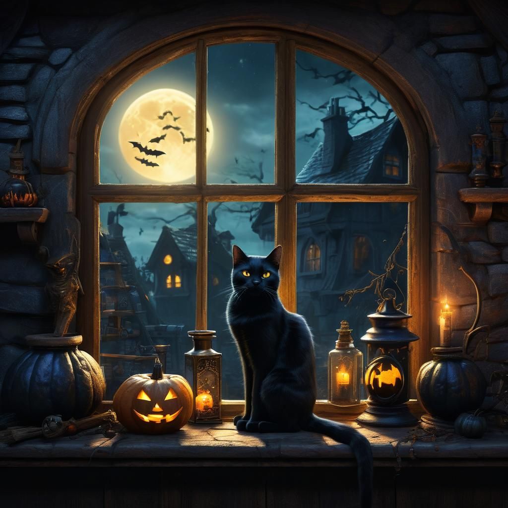 Whimsical Witch's House with Cat and Jack-o'-Lantern