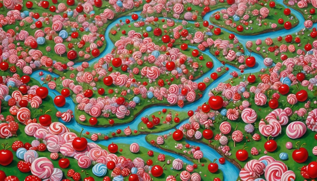 Surreal Candyland Cherry Gummy Landscape in Oil Painting