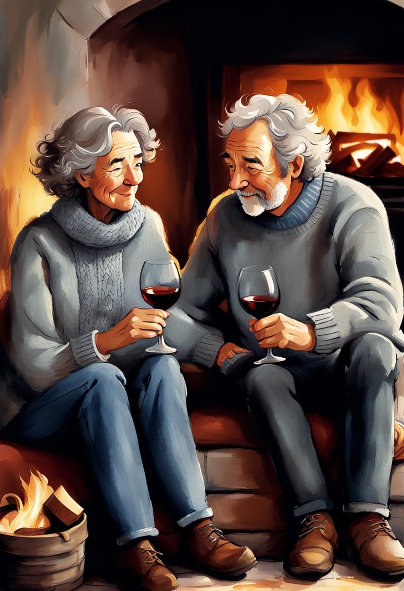 Cozy Couple by the Fire in Quentin Blake Style