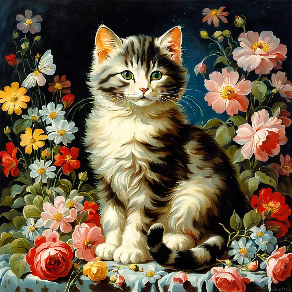 Cute Cat Surrounded by Flowers in Fantasy Illustration