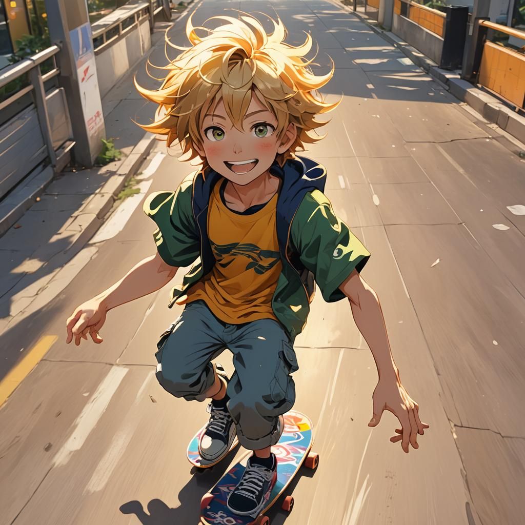 Joyful Boy on Skateboard in Vibrant Anime Style