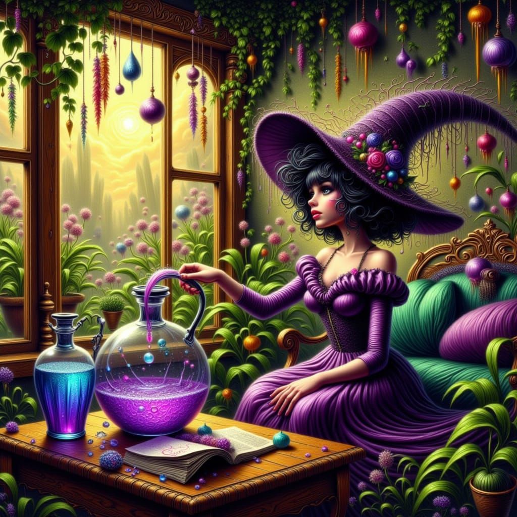 Art Nouveau Witch Blending Potion in Urban Apartment