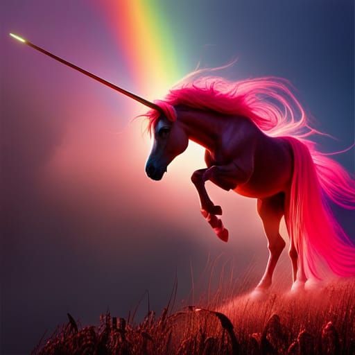 A Pink fluffy unicorn dancing on a rainbow; Glowing ;centered; Electroluminescence; Dispersion; style by Scott Ross; by ...