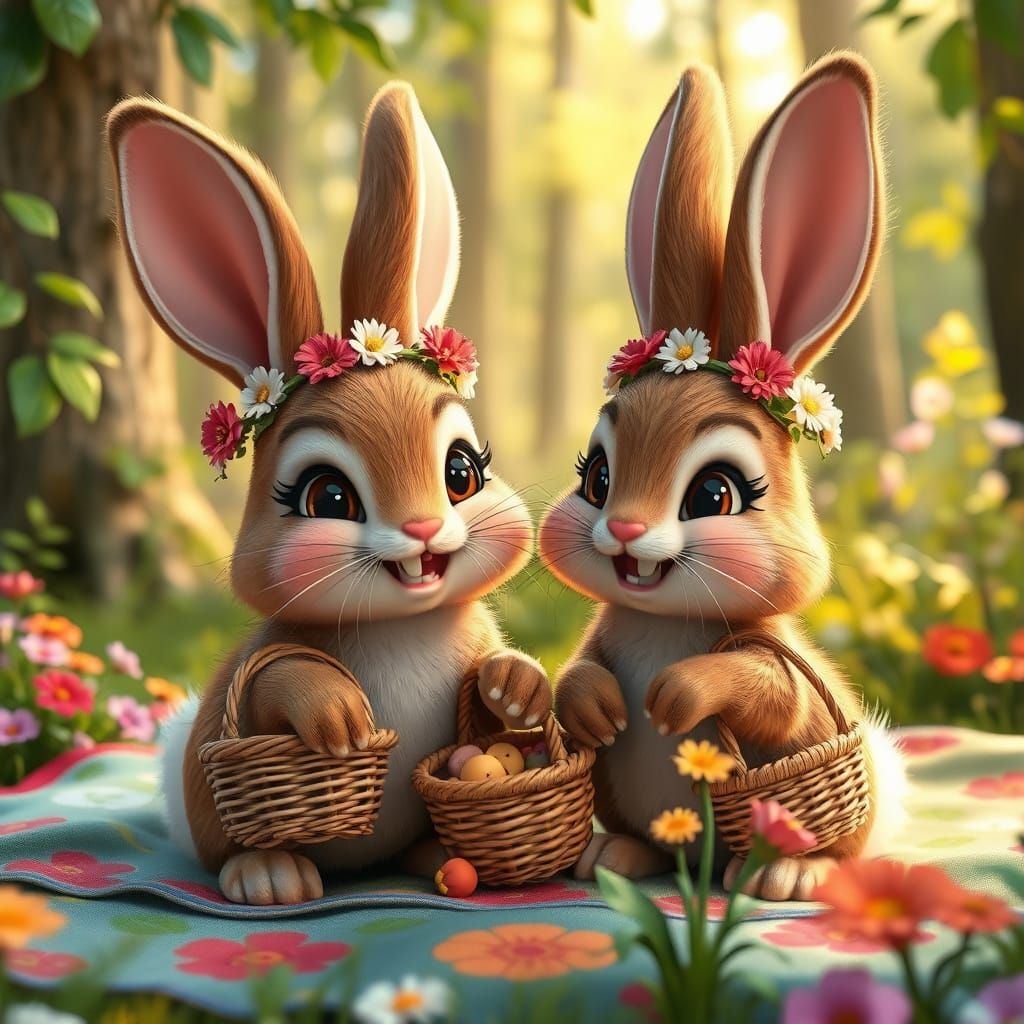 Pixar-Style Bunnies Picnic in Lush Forest