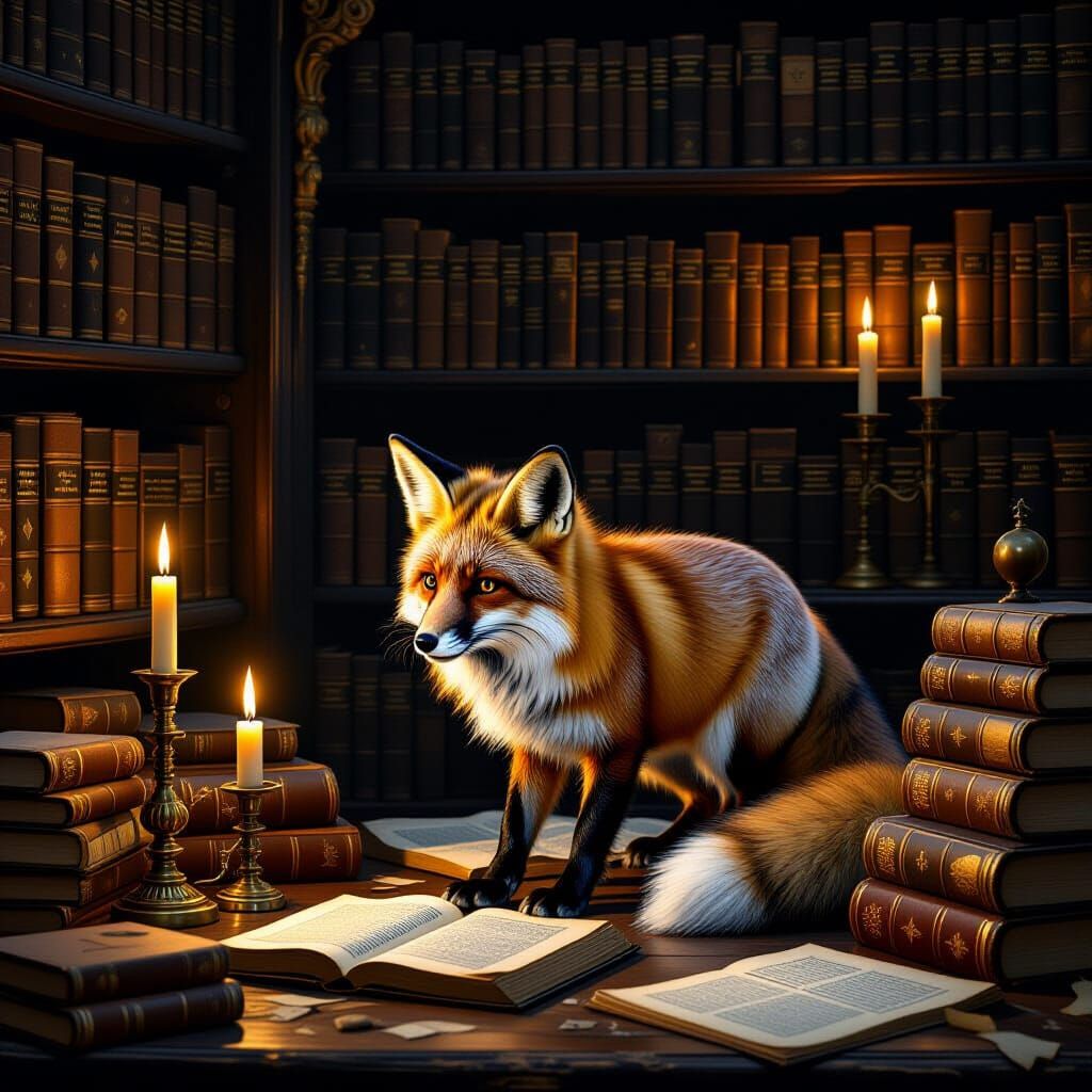Fox Discovering Ancient Library in Renaissance Style