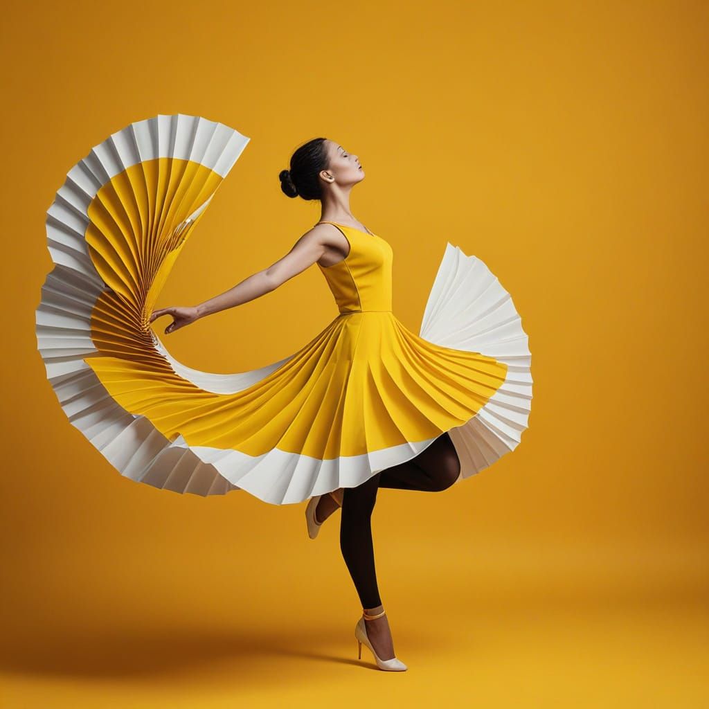 Minimalist Yellow Line Art Dancer with Ginkgo Motifs