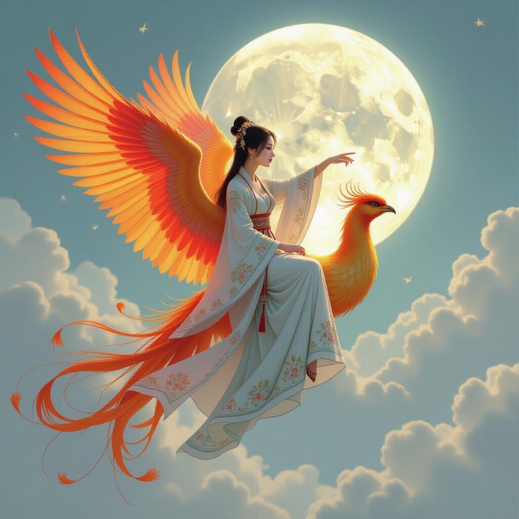 Phoenix in Flight with Hanfu Girl Reaching for Moon