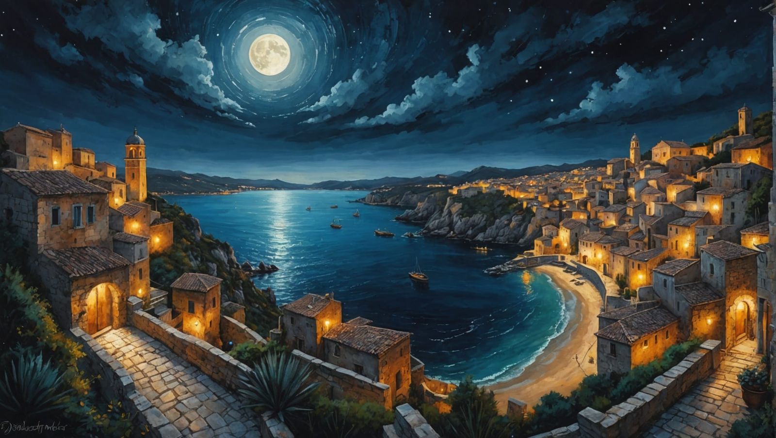 Moonlit Mediterranean Town Acrylic Painting