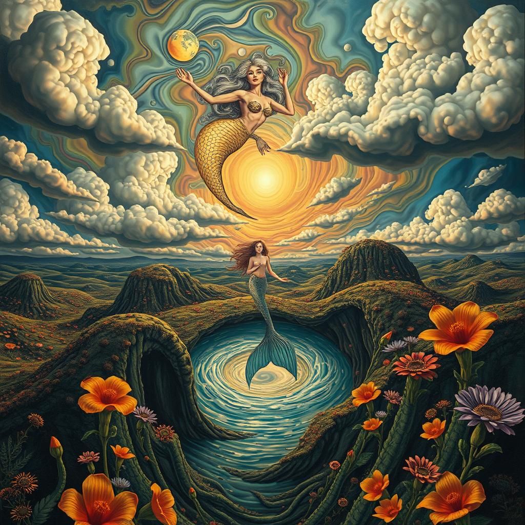 Surreal Landscape with Klimt Mermaid and Metallic Sky