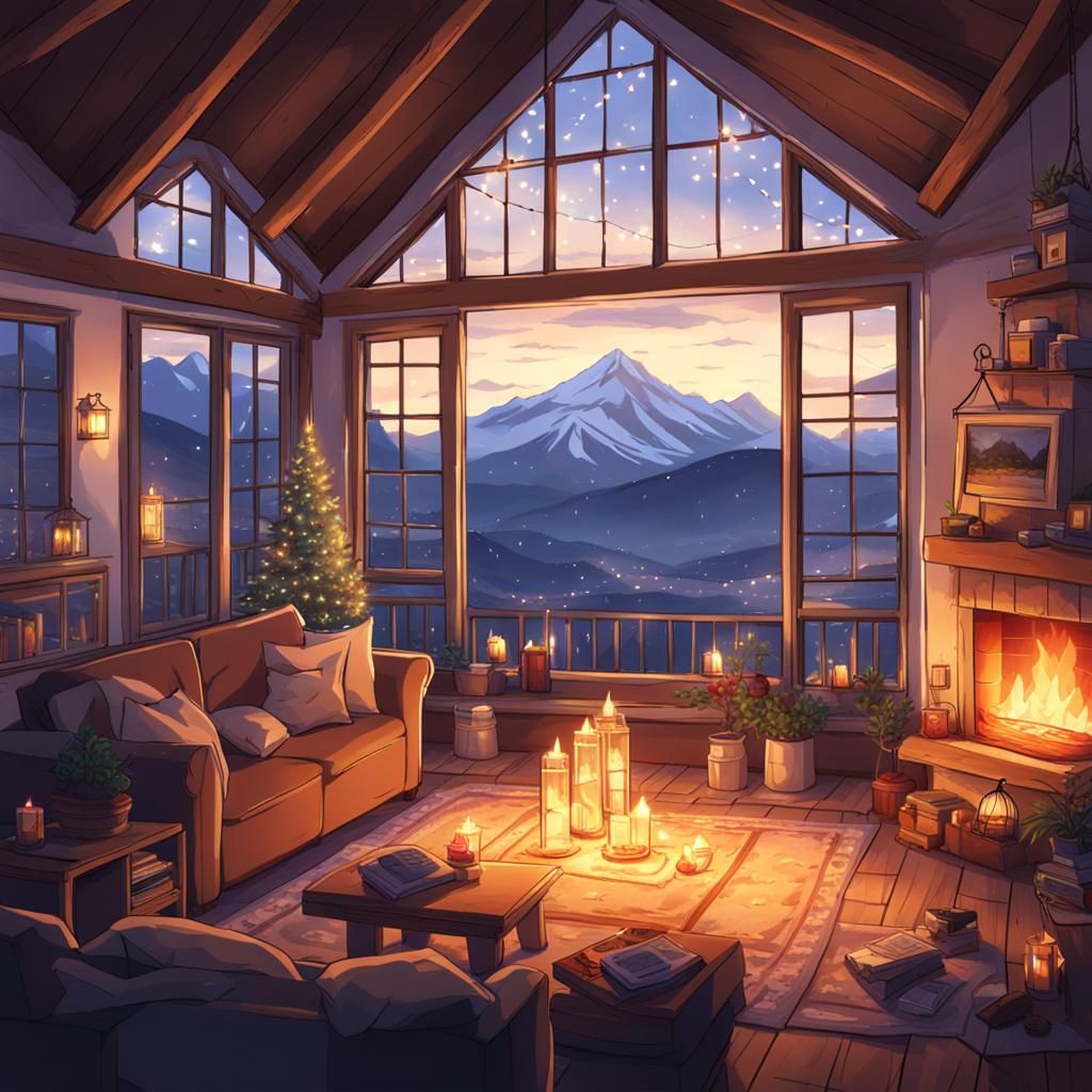 Cozy Living Room with Mountain View in Anime Style