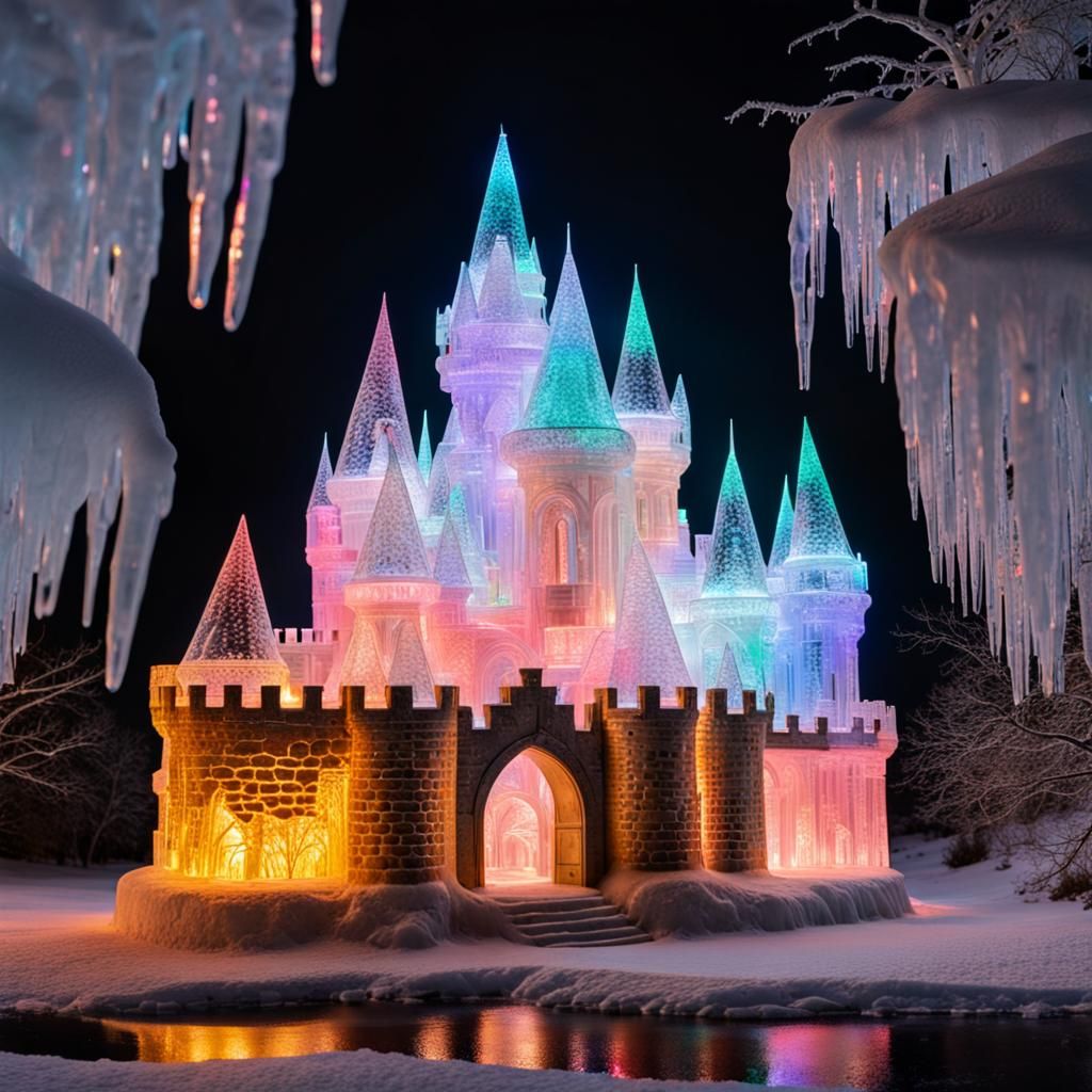 Detailed Ice Castle with Colorful Lights