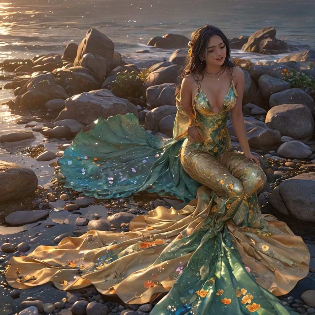 Anime Mermaid with Floral Gown and Glowing Tail