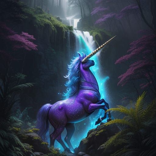 Ethereal Unicorn before Sunset Waterfall in Vibrant Crystal...