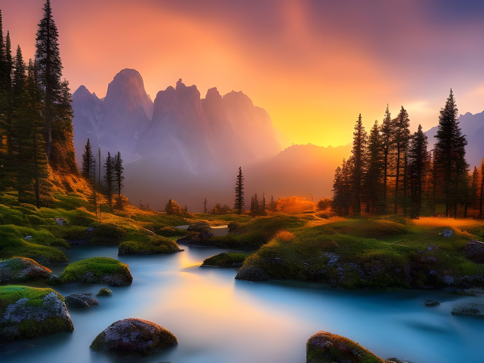 Mystical Landscape at Sunset in Digital Art Style