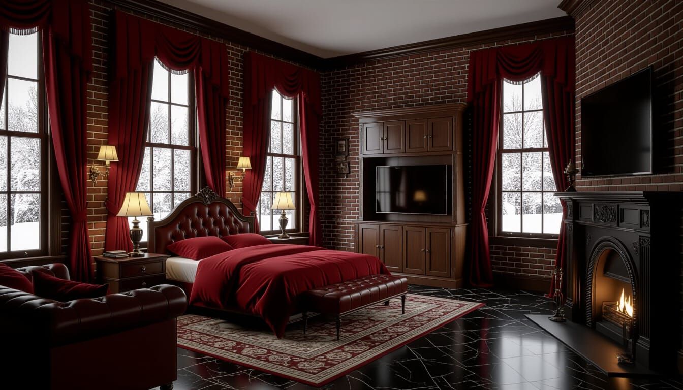 Victorian Bedroom in Dark Red and Brick Photorealistic Style