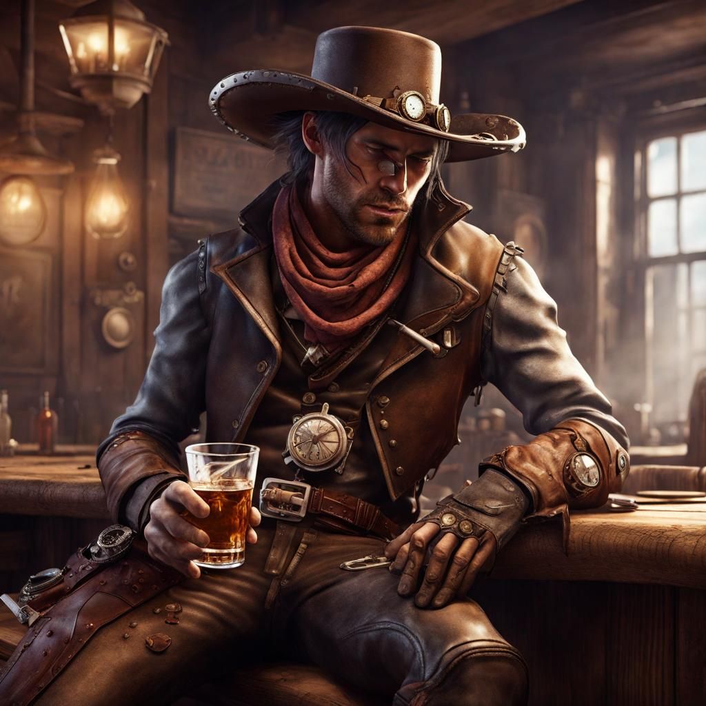 Steampunk Cowboy Gunslinger Relaxing at Saloon