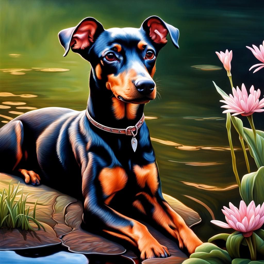 German Pinscher at Pond: Hyperdetailed Airbrush Art
