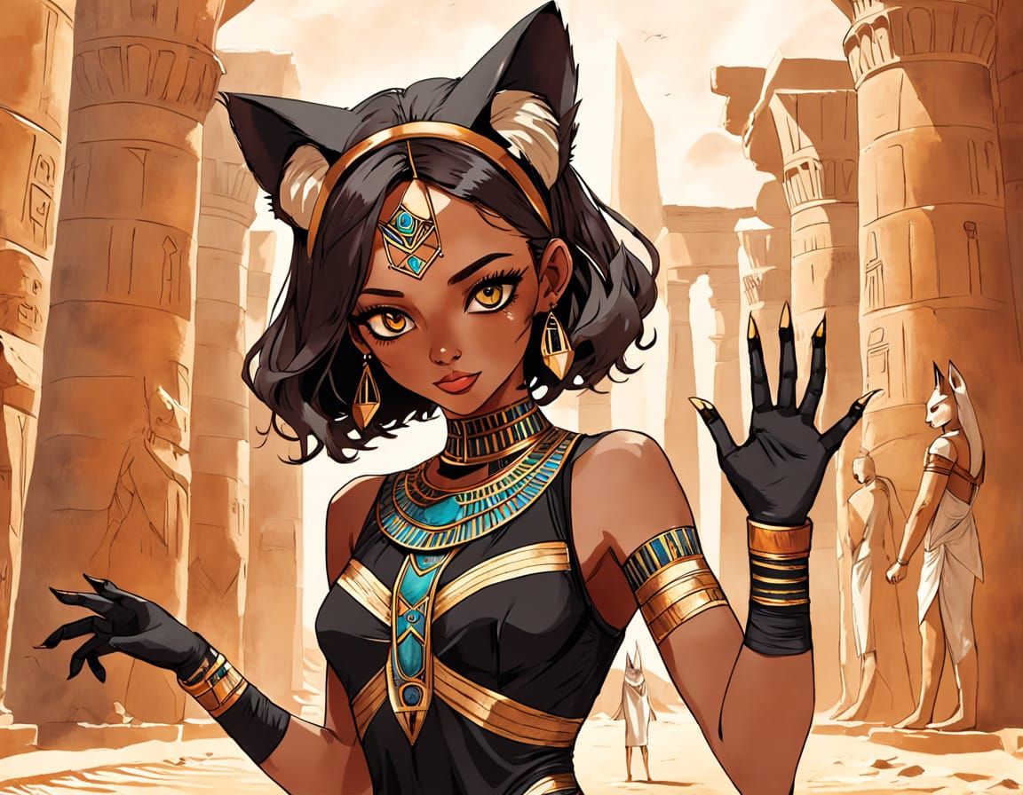 Egyptian Goddess Cat Woman in Vibrant Mixed Media Art