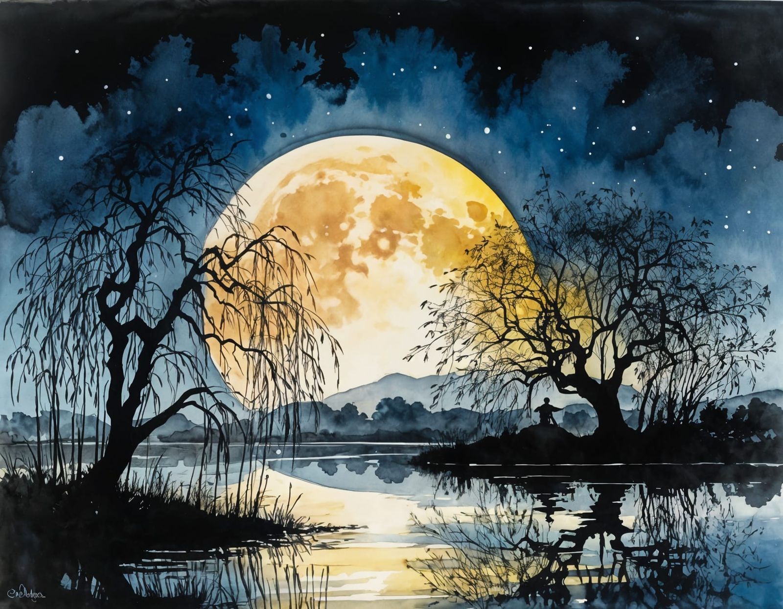 Willow Silhouette Against Moon in Alcohol Ink