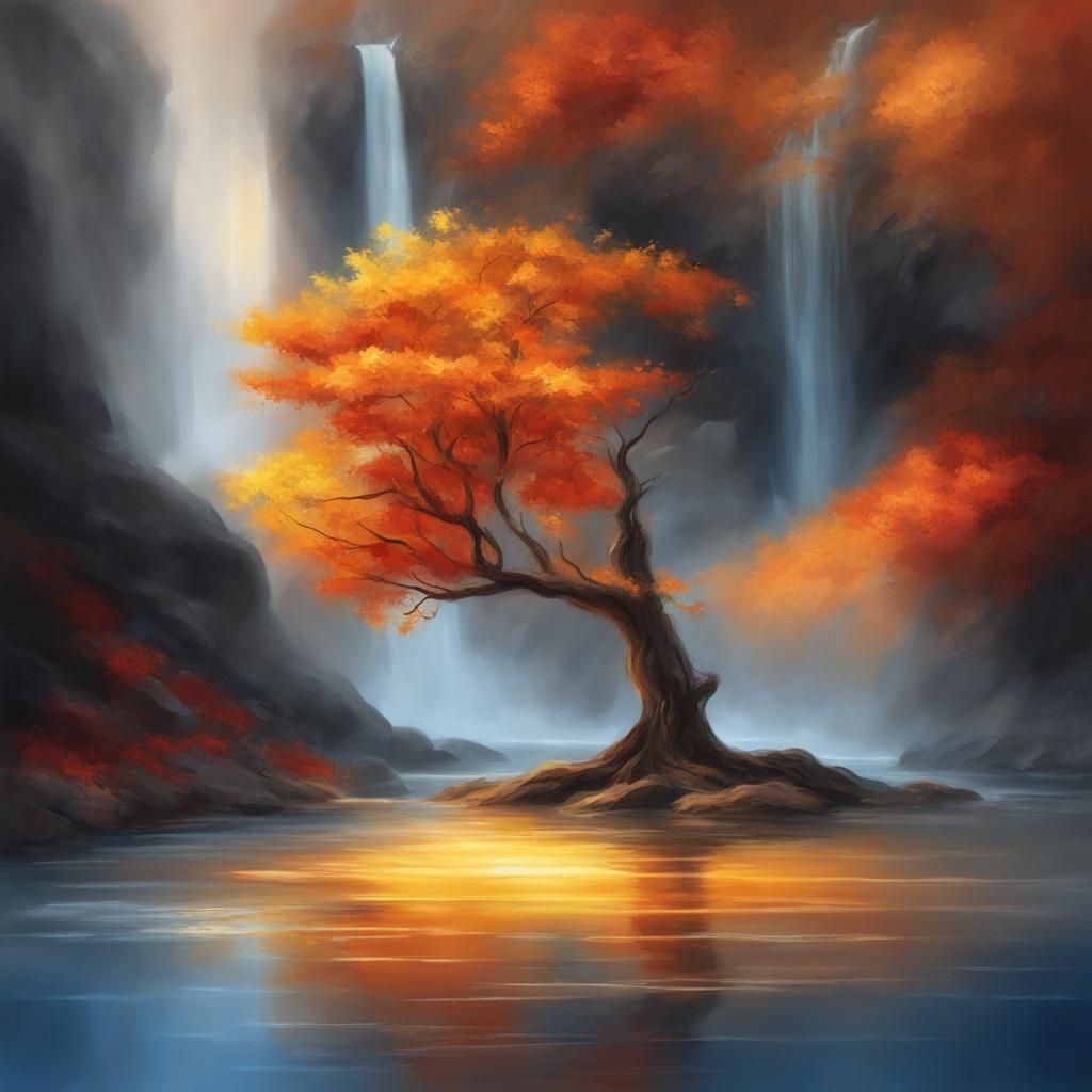 Autumn Tree by Waterfall: Fantasy Digital Oil Painting