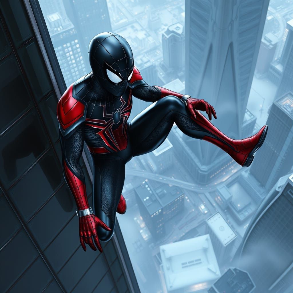 Spider-Man Prepares to Leap from Futuristic Skyscraper