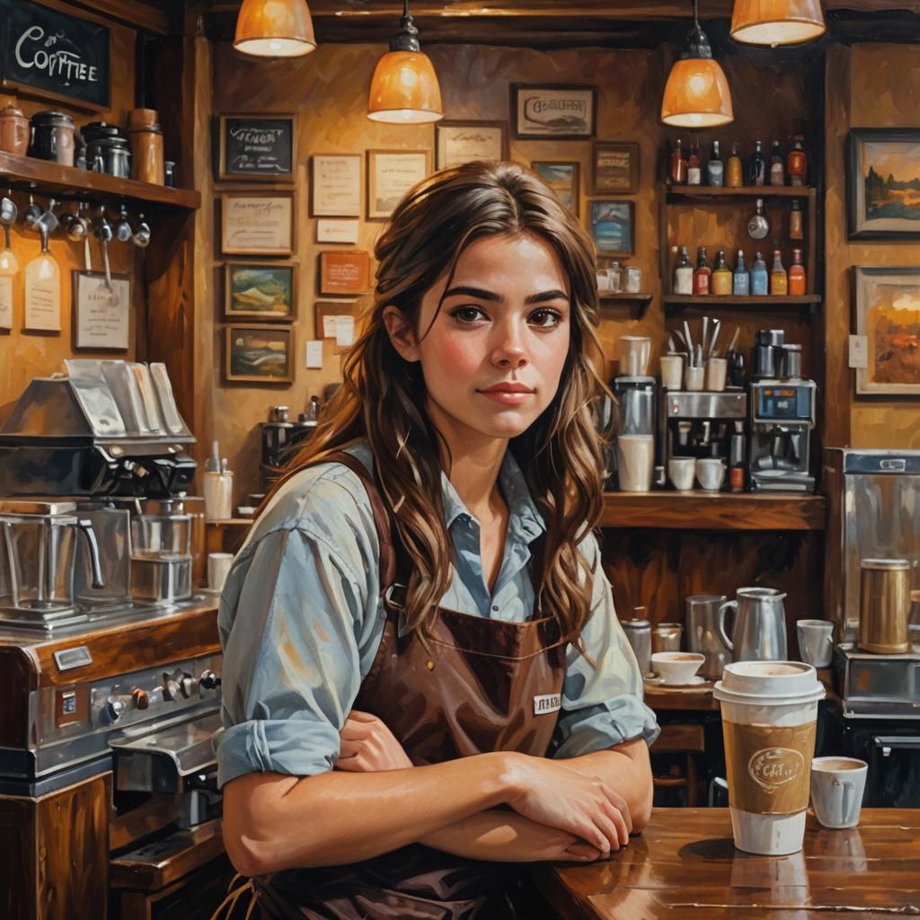 Cozy Coffee Shop Portrait in Traditional Realism
