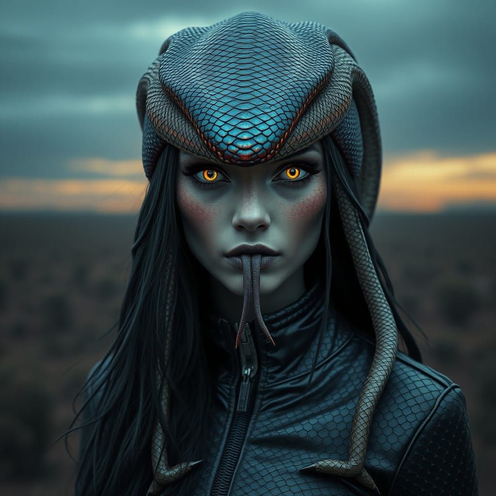 Mysterious Reptilian Woman in Iridescent Snake-Skinned Hat