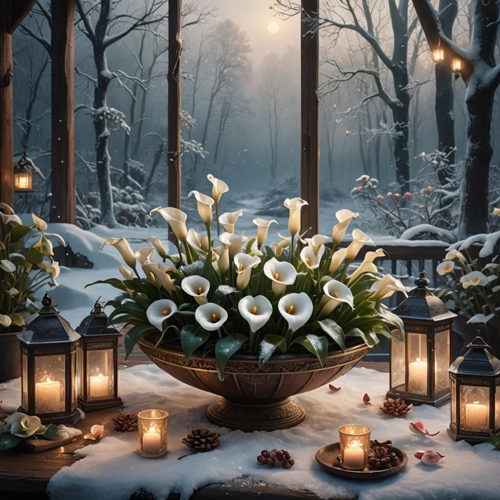 Snowy Winter Flowers in a Bowl, Digital Art