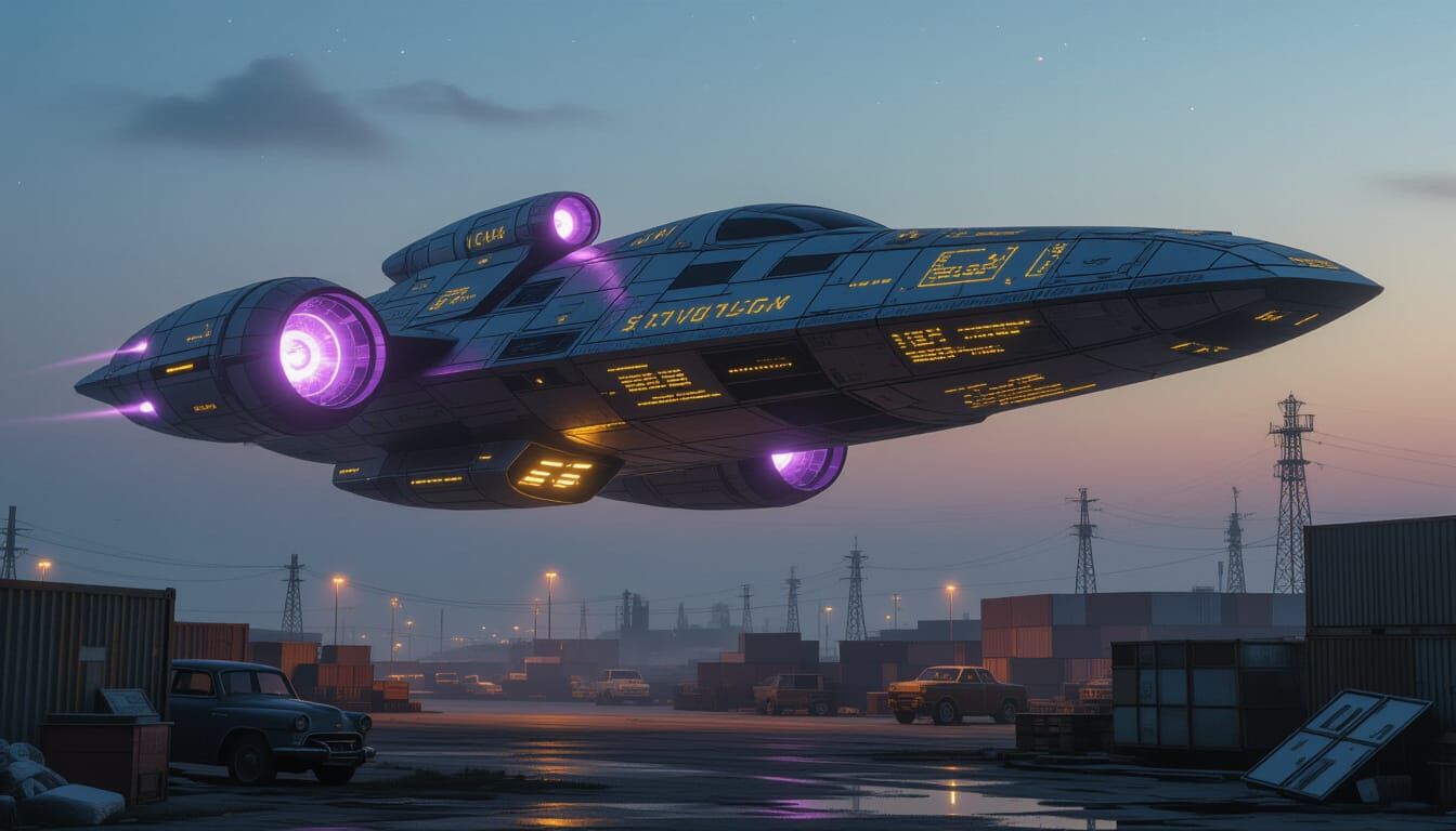 Futuristic Starship Over Junkyard Pad in Twilight